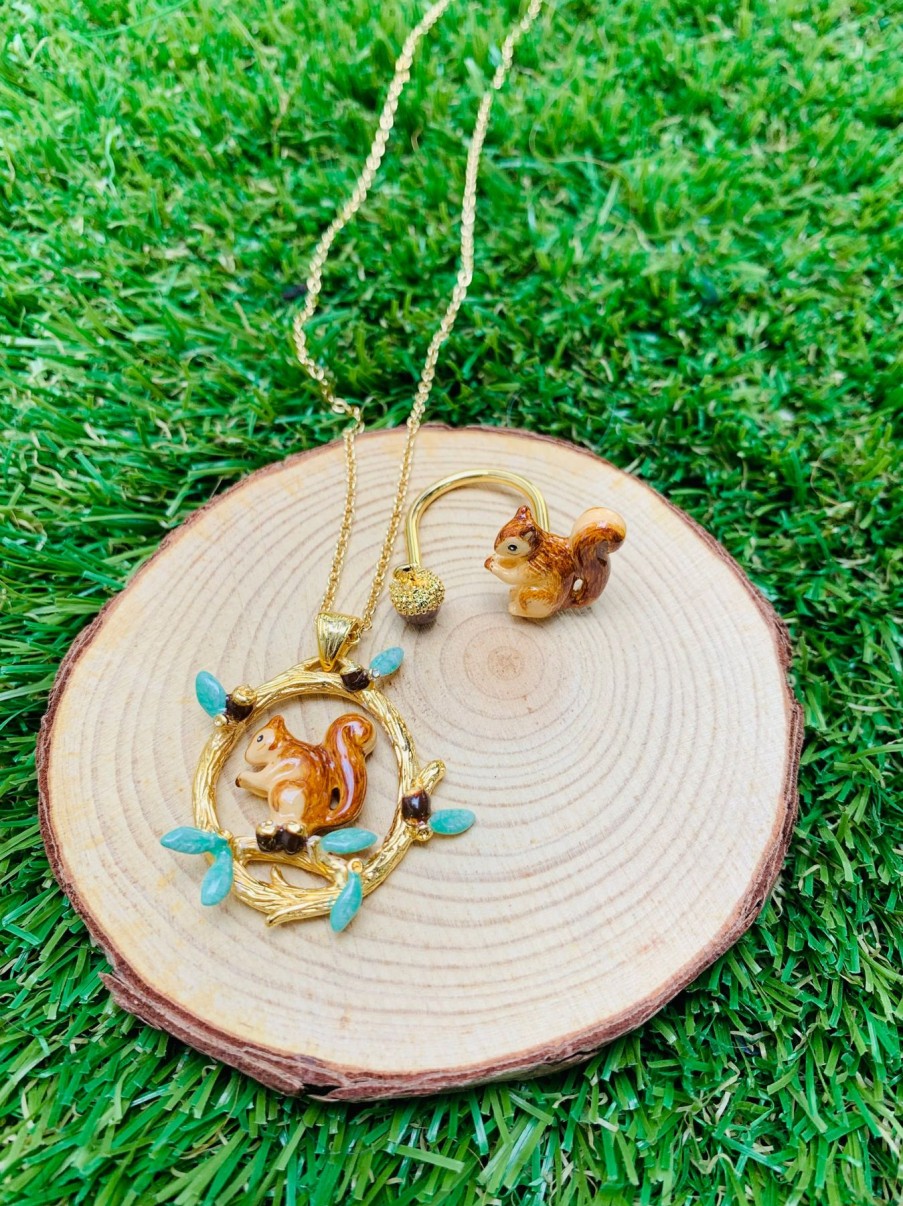 Jewellery Origami Doll | Handmade Squirrel Necklace, Squirrel Ring And Acorn Earring