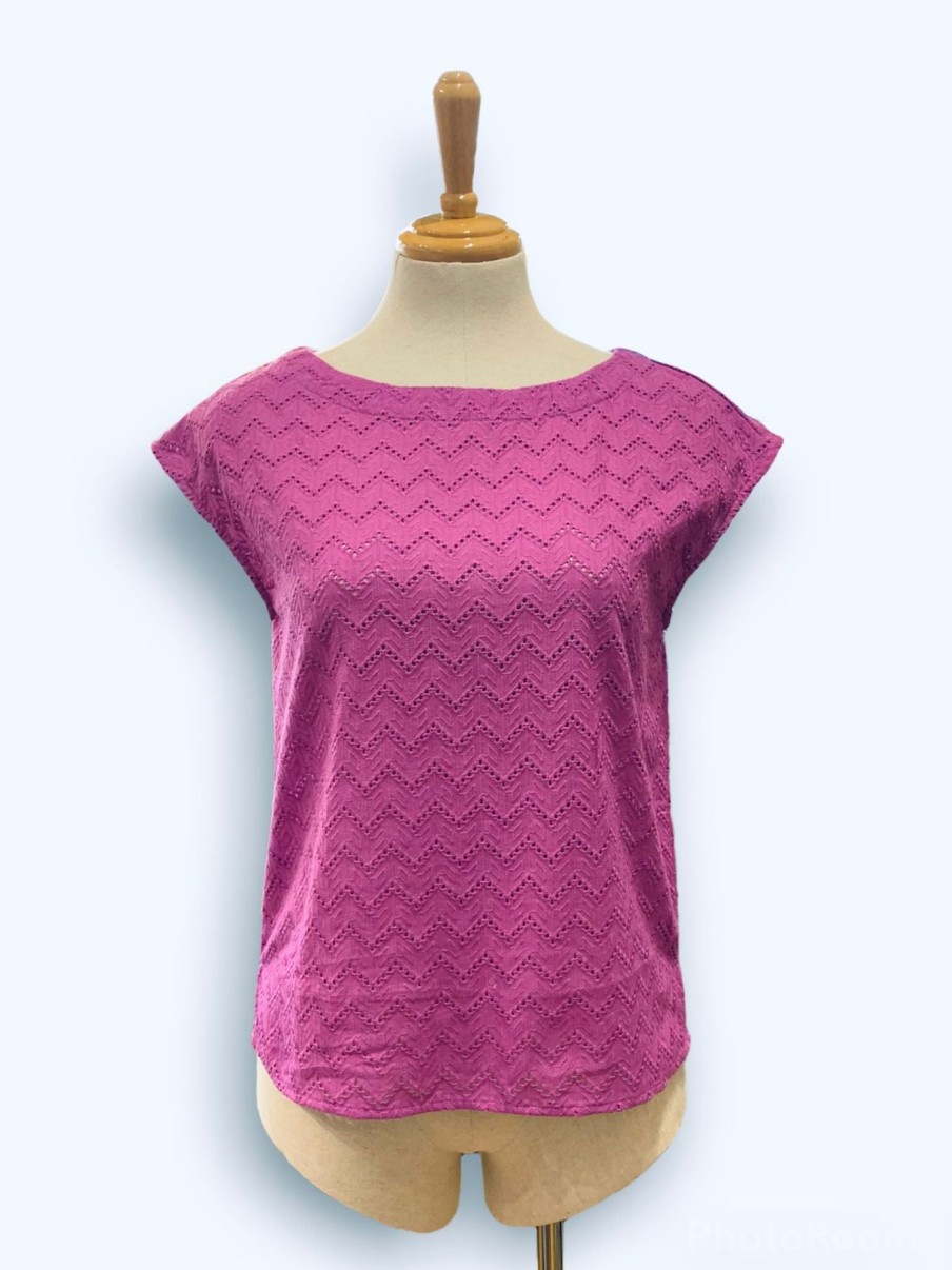 Women Origami Doll | Lindsey Top Zig Zag-Embroidered Magenta