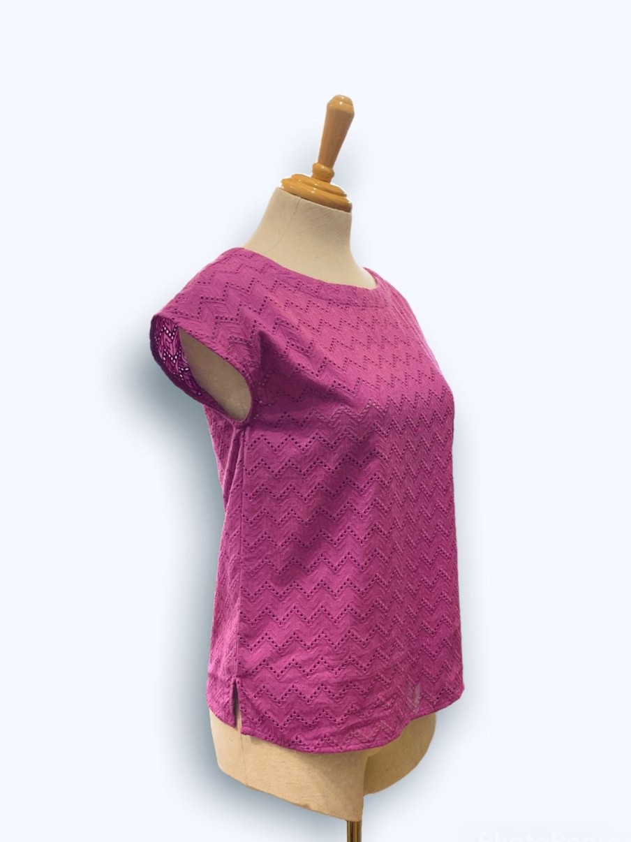 Women Origami Doll | Lindsey Top Zig Zag-Embroidered Magenta