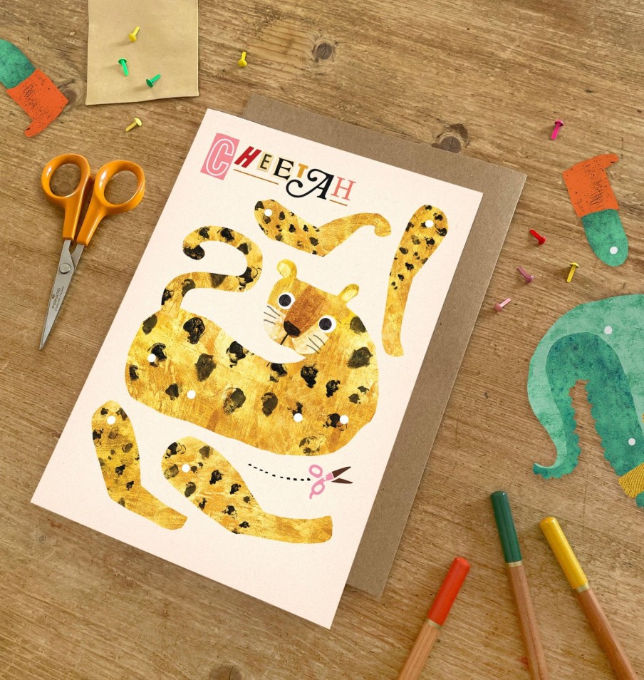 Homestyle Emily Nash Illustration | Cheetah Split Pin Puppet A5 Greeting Card Cat