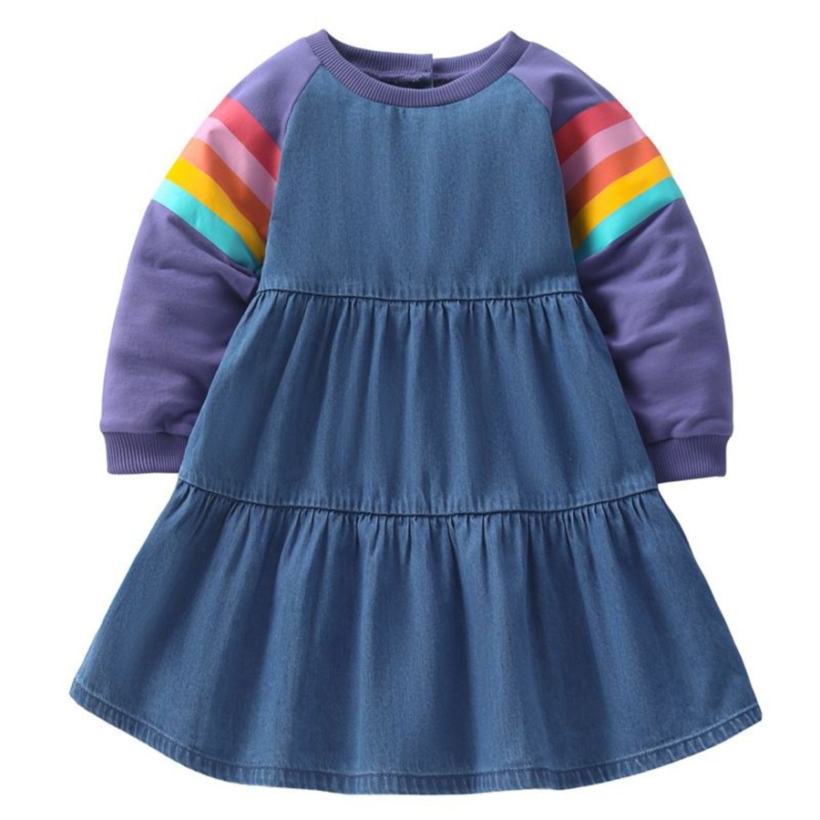 Kids Origami Doll | Rainbow Sleeve Denim Smock Girl Dress (Low In Stock/4&5 Yrs Old)