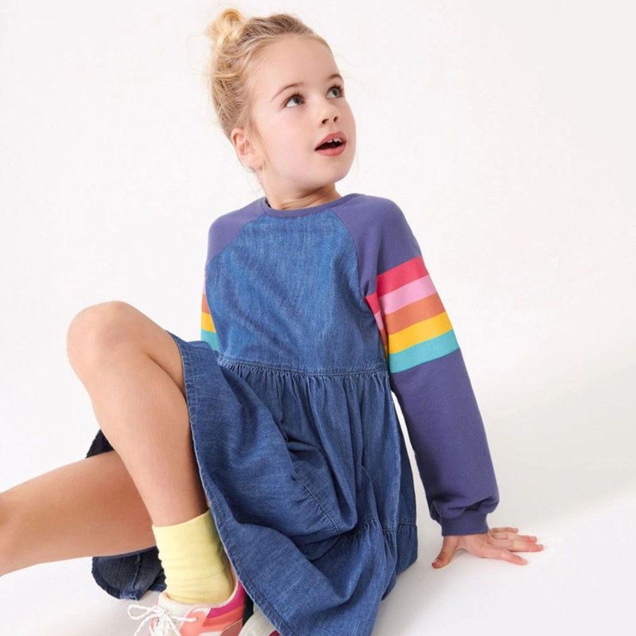 Kids Origami Doll | Rainbow Sleeve Denim Smock Girl Dress (Low In Stock/4&5 Yrs Old)