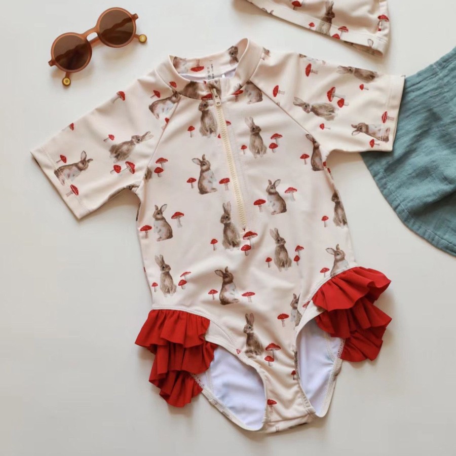 Kids Origami Doll | Bunny Mushroom One Piece Kids Swimsuit/Cap Set