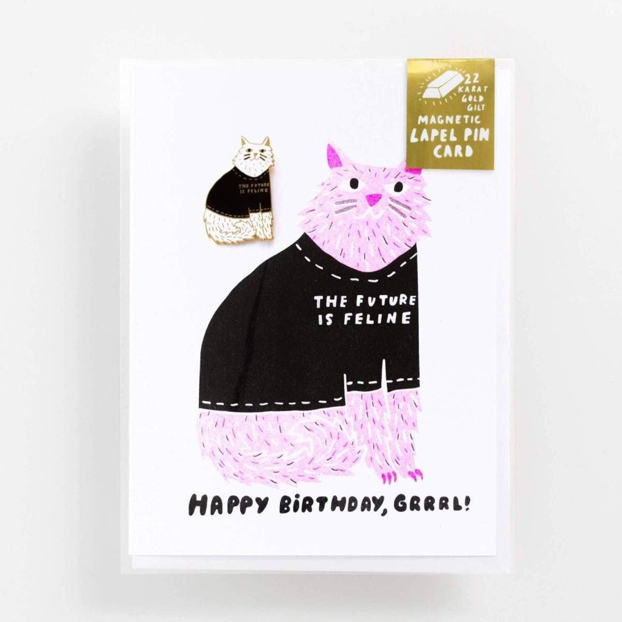 Homestyle Yellow Owl Workshop | The Future Is Feline Pin And Happy Birthday Grrrl Card