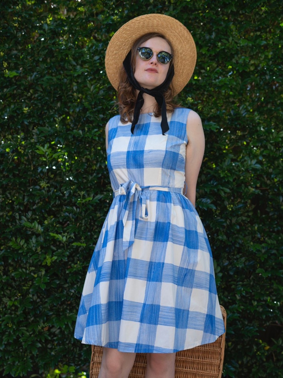 Women Origami Doll | Spring Blooming Dress-Blue Plaid