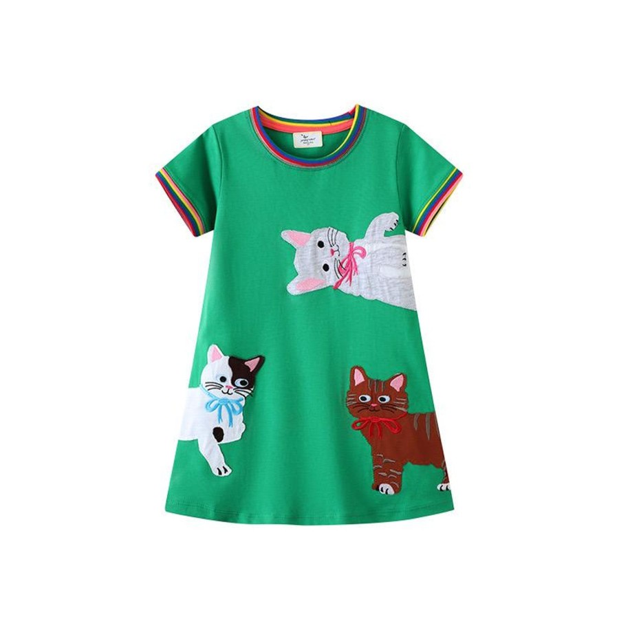 Kids Origami Doll | Green Kitten Cotton Girl Dress