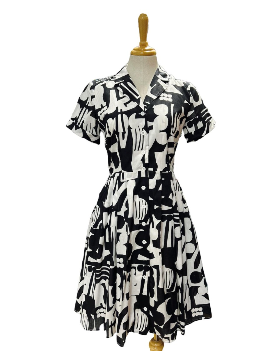 Women Origami Doll | Arabella Dress-Black And White Abstract