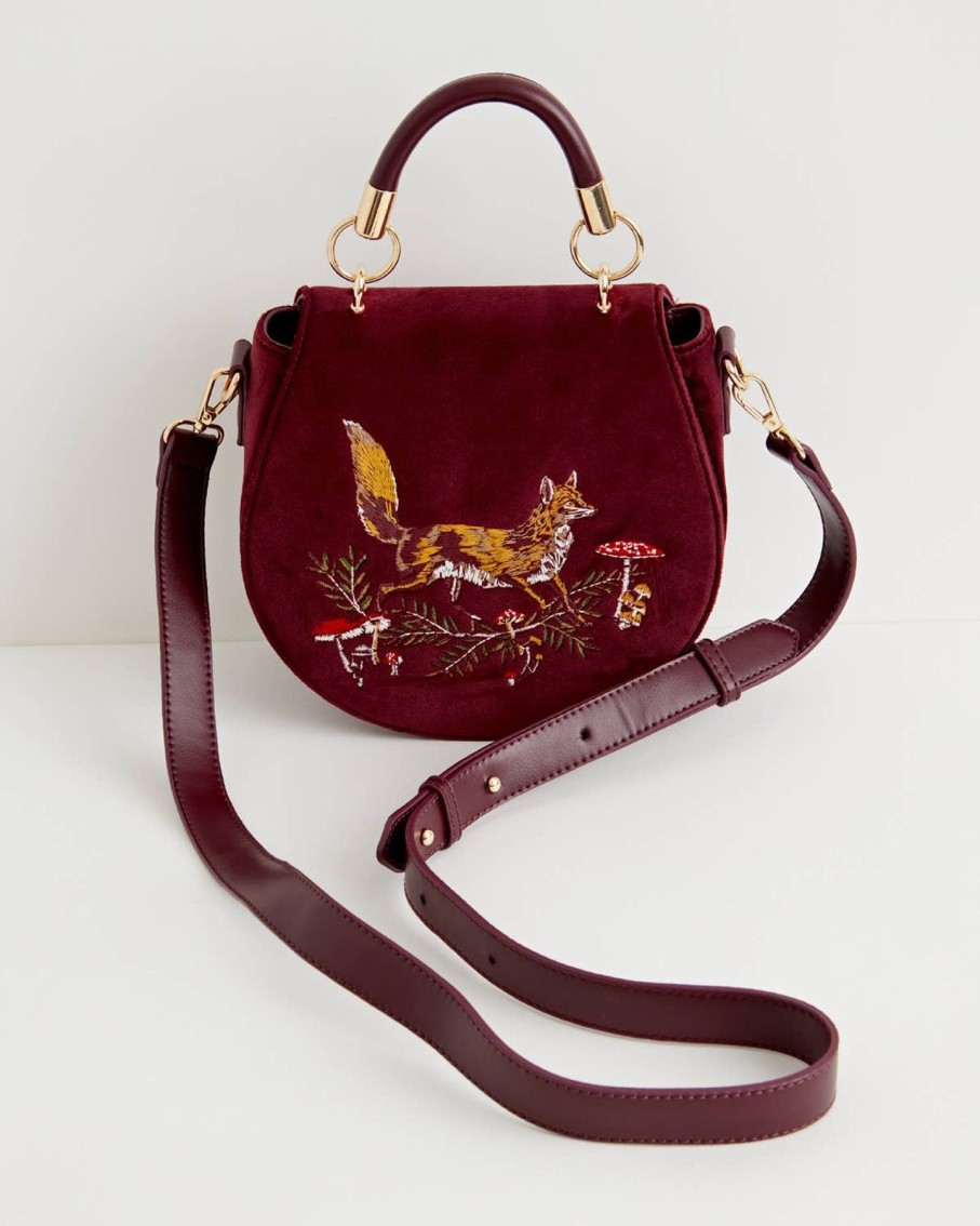 Bags Fable England | Fable Fox & Mushroom Embroidered Burgundy Velvet Saddle Bag