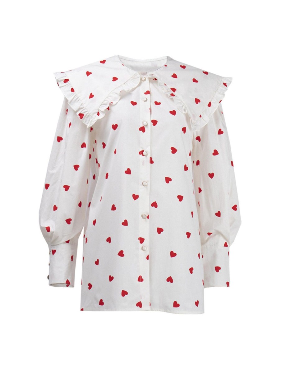 Women Origami Doll | Heart Print Big Peter Pan Collar Shirt